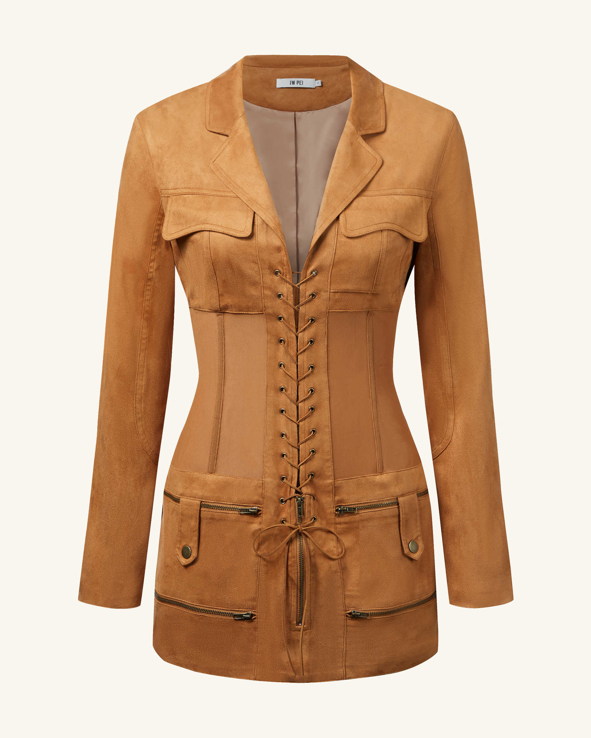 Faux Suede Corset Jacket Mini Dress - Camel - Image 3