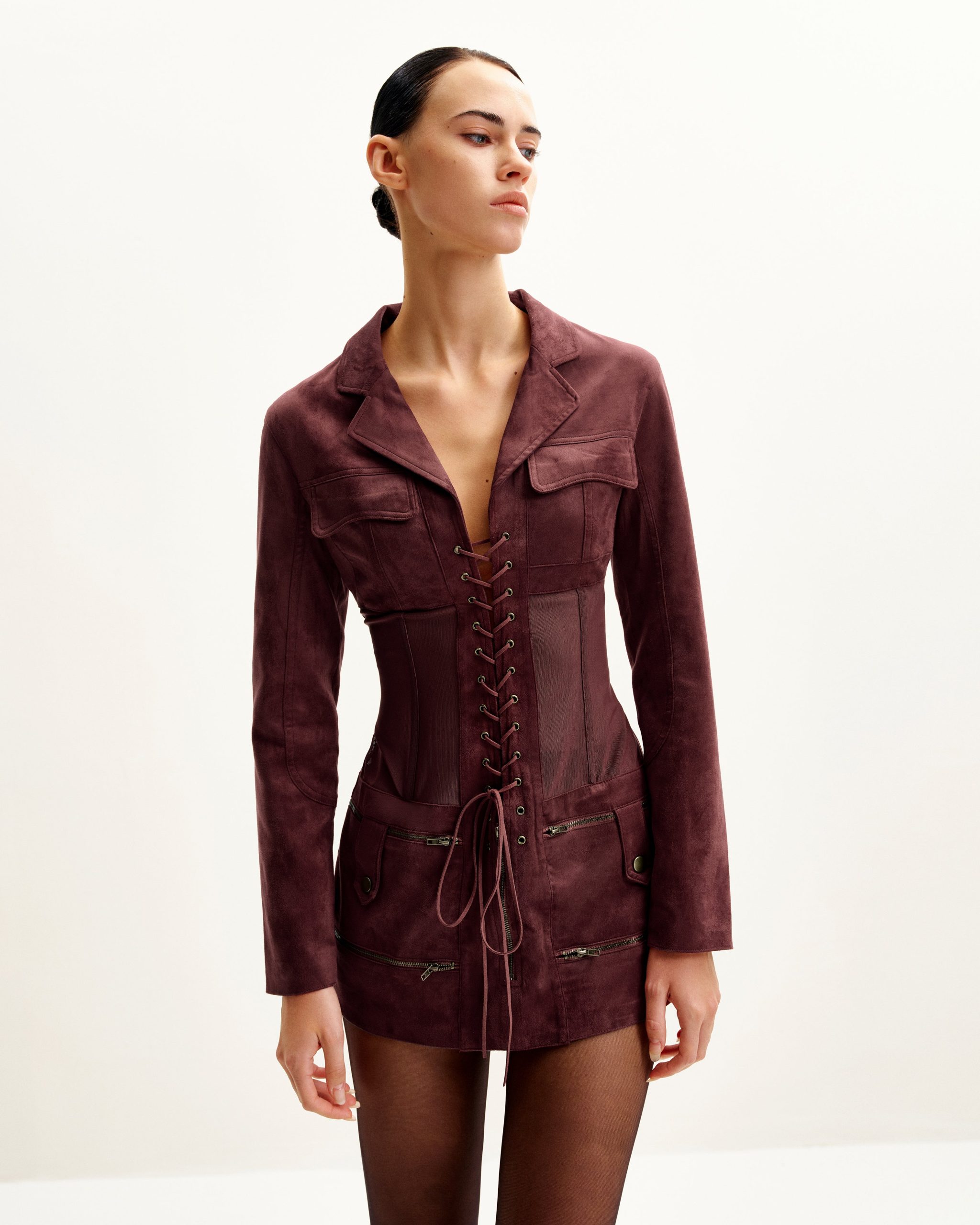 Faux Suede Corset Jacket Mini Dress - Claret - Image 2