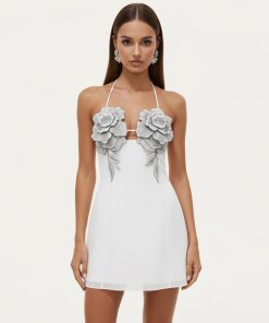 Flower Embroidered Mini Dress - White