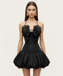 3D Floral Halter Mini Dress - Black