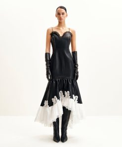 Zora Lace Trim Leather Dress - Black