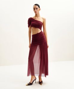 Mia Pleated Mesh Dress - Burgundy