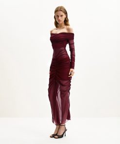 Emily Elegant Off-Shoulder Ruched Gown - Red