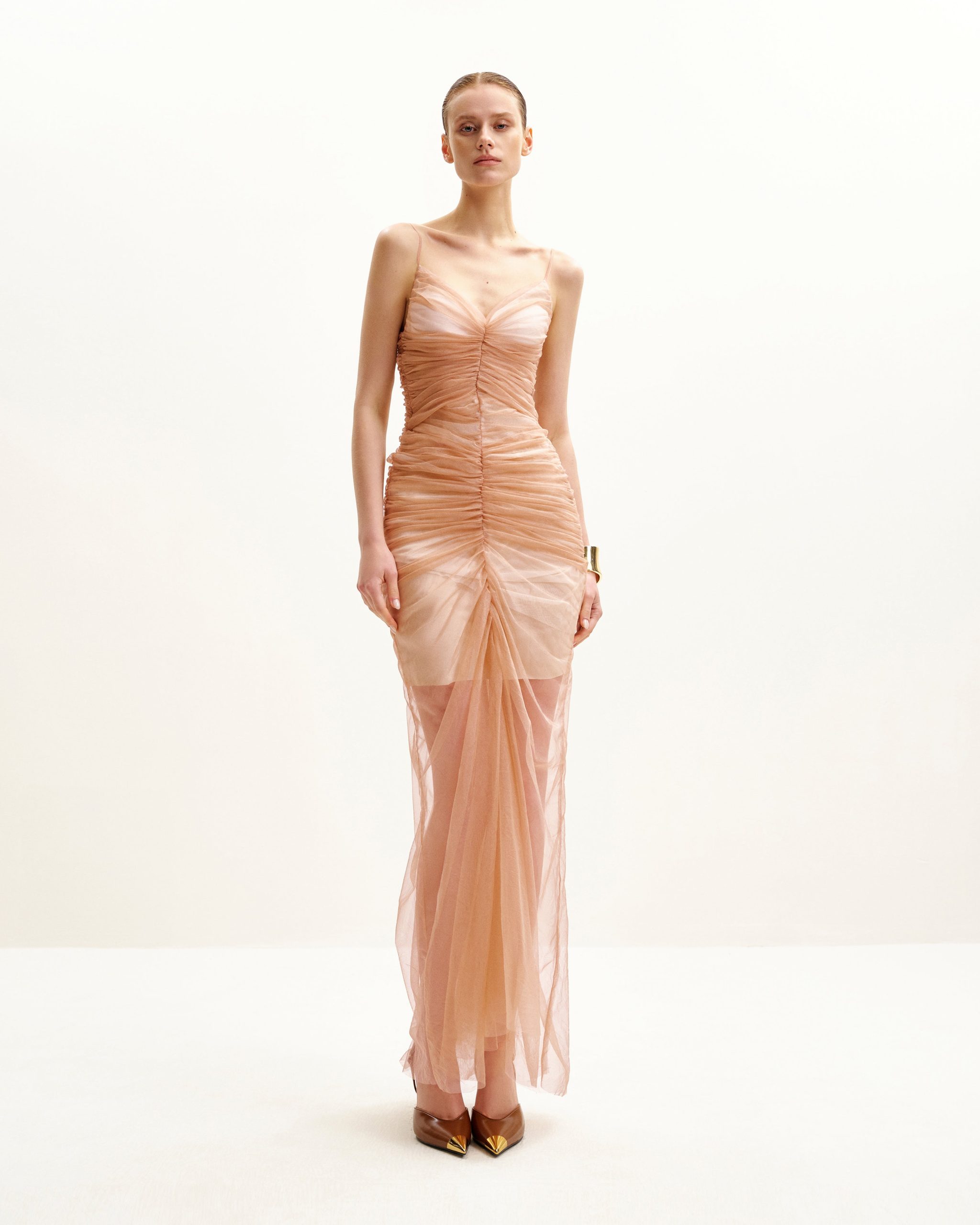 Piper Draped Mesh Evening Gown - Cinnamon