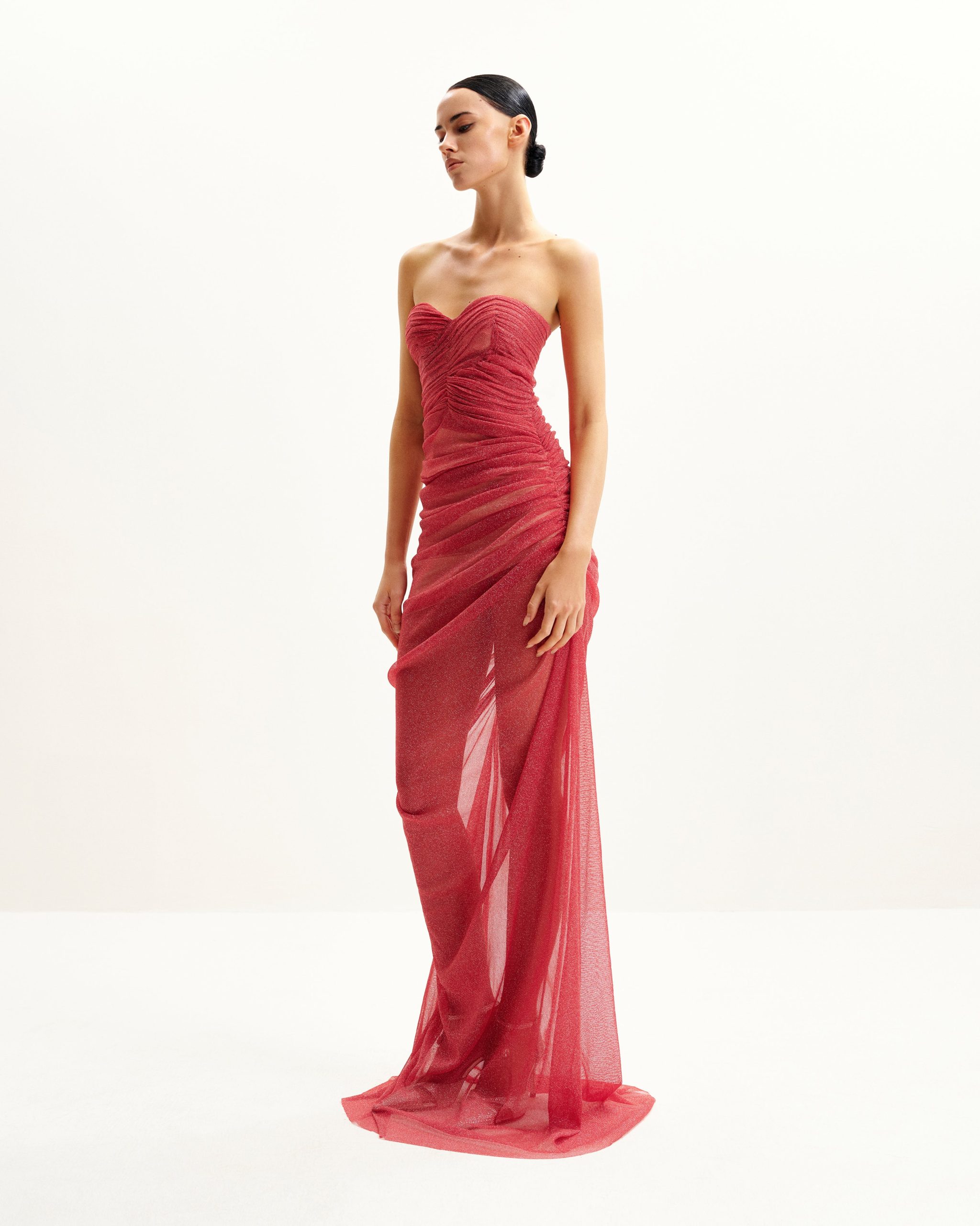 Mia Strapless Sheer Glitter Gown - Scarlet - Image 2