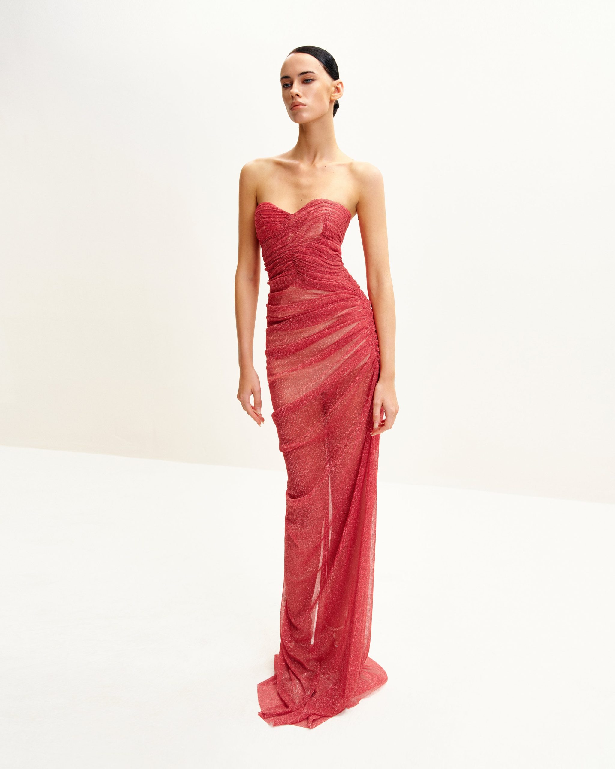 Mia Strapless Sheer Glitter Gown - Scarlet - Image 4