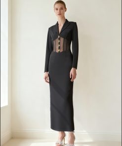 Sheer Boned Corset Waist Blazer Maxi Dress - Black