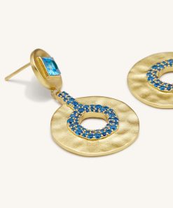 Alternative view of Geometrical Openwork Small Round Earrings- 18ct Gold Plated & Deep Sea Blue Zircon