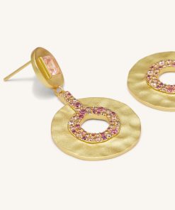 Alternative view of Geometrical Openwork Small Round Earrings - 18ct Gold Plated & Morganite & Red Corundum & Multicolor Zircon