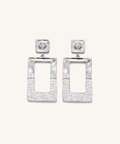 Geometrical Openwork Rectangle Earrings - 18ct White Gold Plated & White Zircon