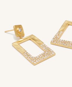 Alternative view of Geometrical Openwork Rectangle Earrings - 18ct Gold Plated & White Zircon