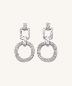 Geometrical Openwork Round Earrings - 18ct White Gold Plated & White Zircon