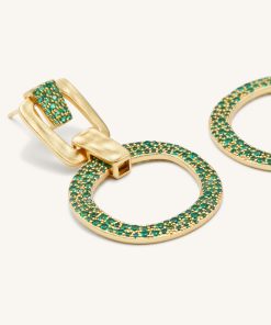 Alternative view of Geometrical Openwork Round Earrings - 18ct Gold Plated & Green Nano