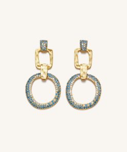 Geometrical Openwork Round Earrings - 18ct Gold Plated & Sea Blue Nano