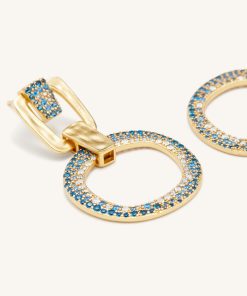 Alternative view of Geometrical Openwork Round Earrings - 18ct Gold Plated & Sea Blue Nano
