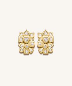Geometrical Combination Earrings - 18ct Gold Plated & White Zircon