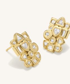 Alternative view of Geometrical Combination Earrings - 18ct Gold Plated & White Zircon