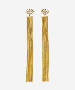 Magic Eye Tassel Earrings - 18ct Gold Plated & White Zircon & Sea Blue Zircon
