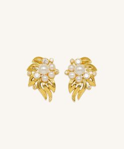 Flowers Earings - 18ct Gold Plated & White Zircon & Faux Pearls