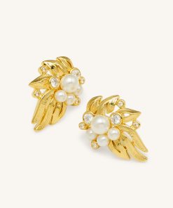 Alternative view of Flowers Earings - 18ct Gold Plated & White Zircon & Faux Pearls