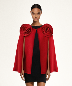 Clara Floral Applique Cape Coat - Red