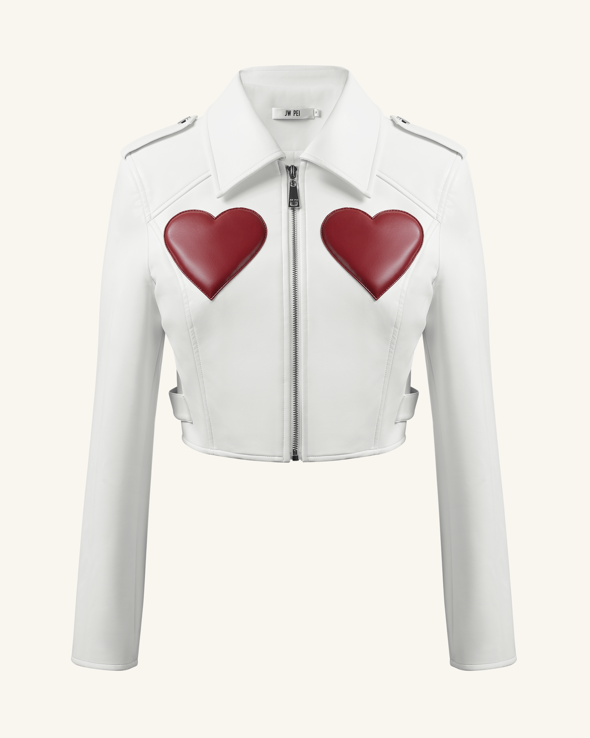 Sophie Cropped Leather Jacket - White & Red - Image 3