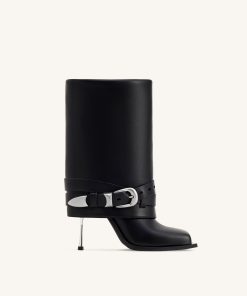 Emilia Western Buckled Leather Stiletto Boots - Black