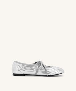 Erika Topstitching lace-up ballet Flats- Silver