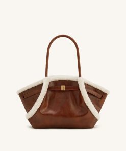 Hana Medium Faux Shearling Trim Tote Bag - Brown