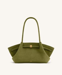 Hana Wide Faux Suede Tote Bag - Olive Green