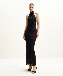 Uliana Black Floral Lace Halterneck Maxi Dress - Black
