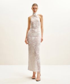 Uliana White Floral Lace Halterneck Maxi Dress - White