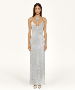 Heisey White Sequinned Rosette Maxi Dress - White