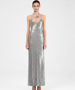 Heisey Silver Sequinned Rosette Maxi Dress - Silver
