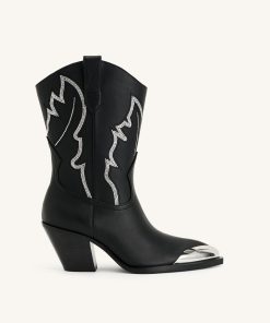 Riya Artificial Crystal Cowboy Boot - Black