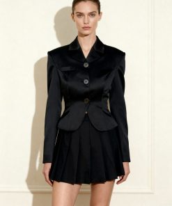 Satin Sculpted Waist Cropped Blazer - Black