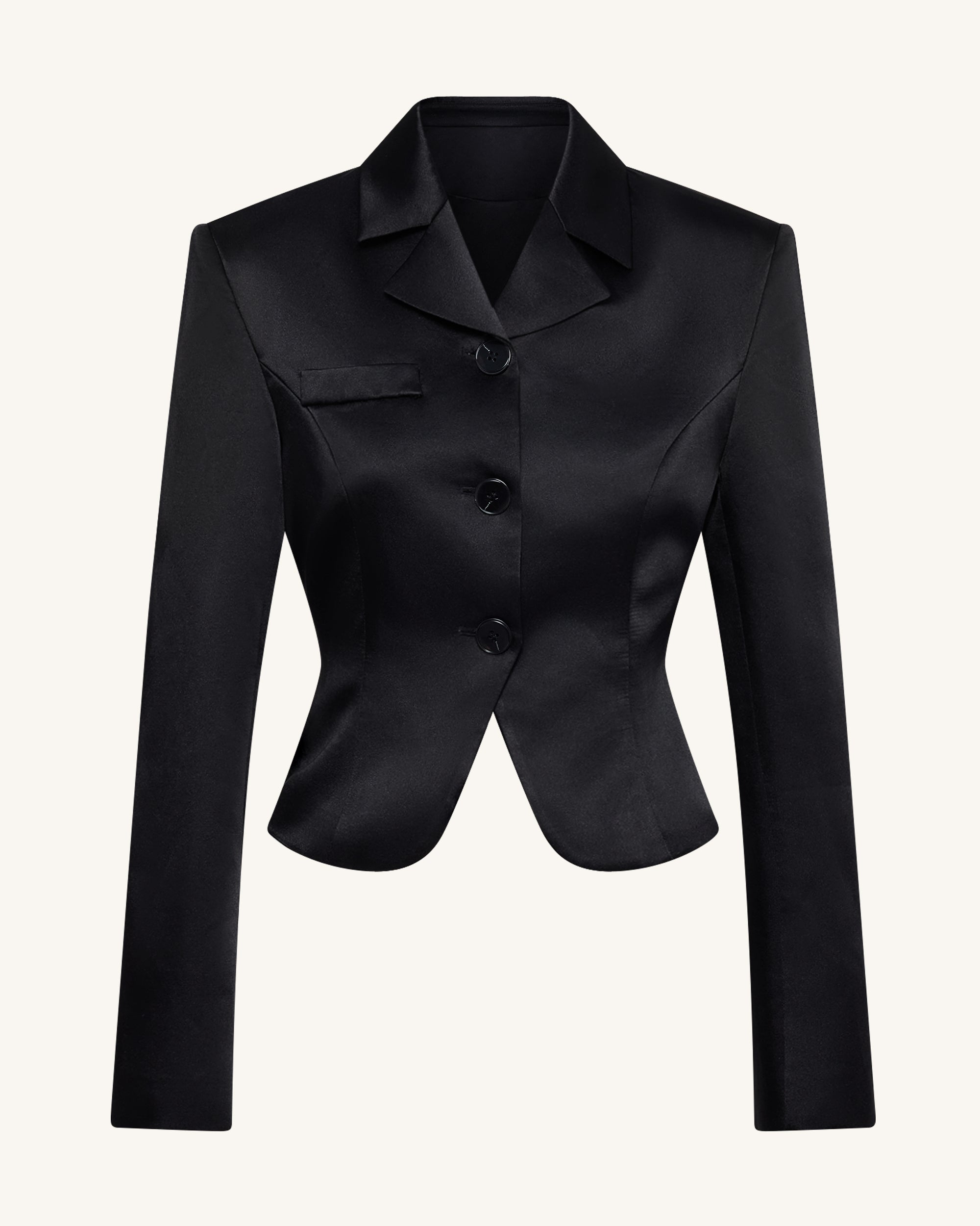 Satin Sculpted Waist Cropped Blazer - Black - Image 2