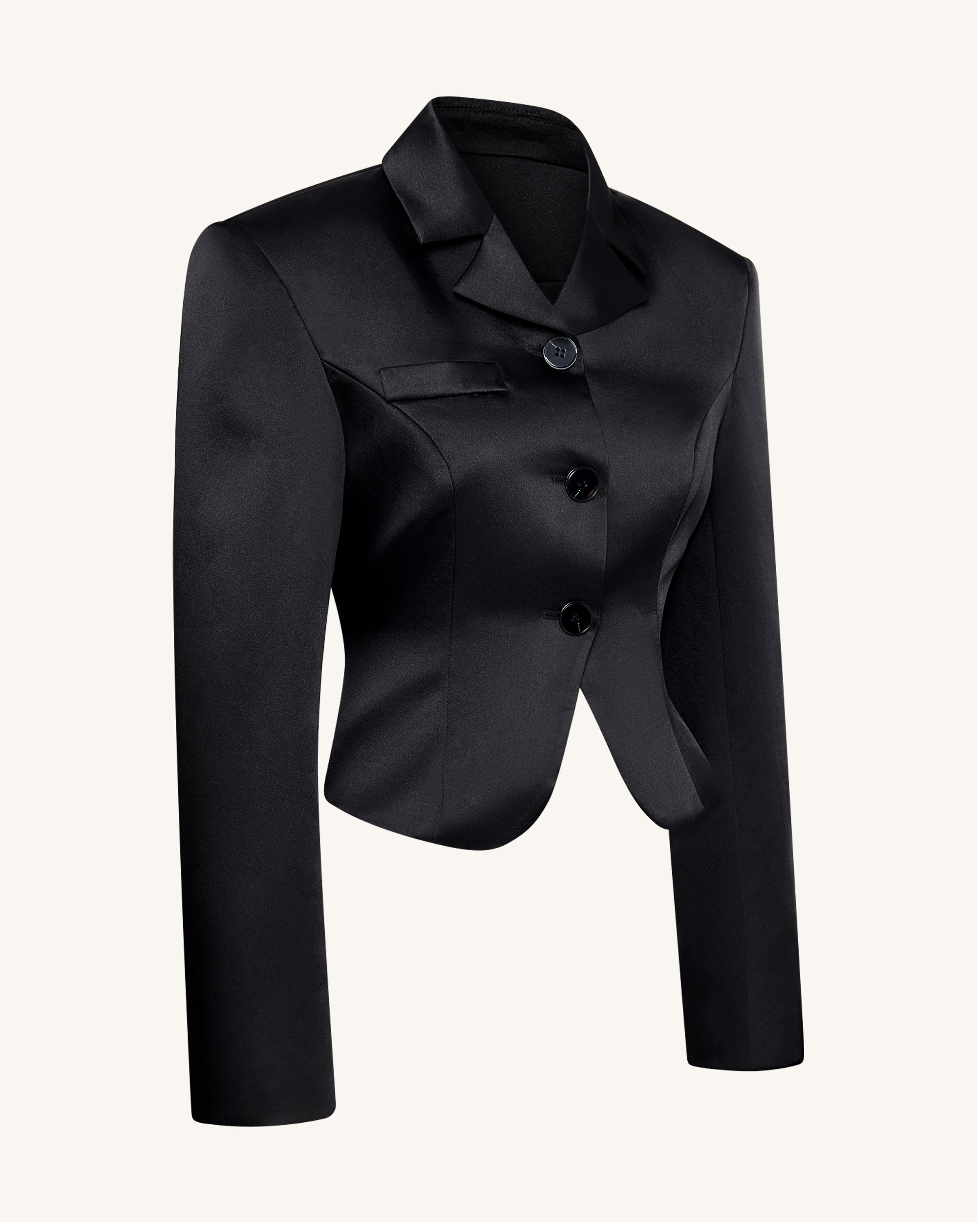 Satin Sculpted Waist Cropped Blazer - Black - Image 3