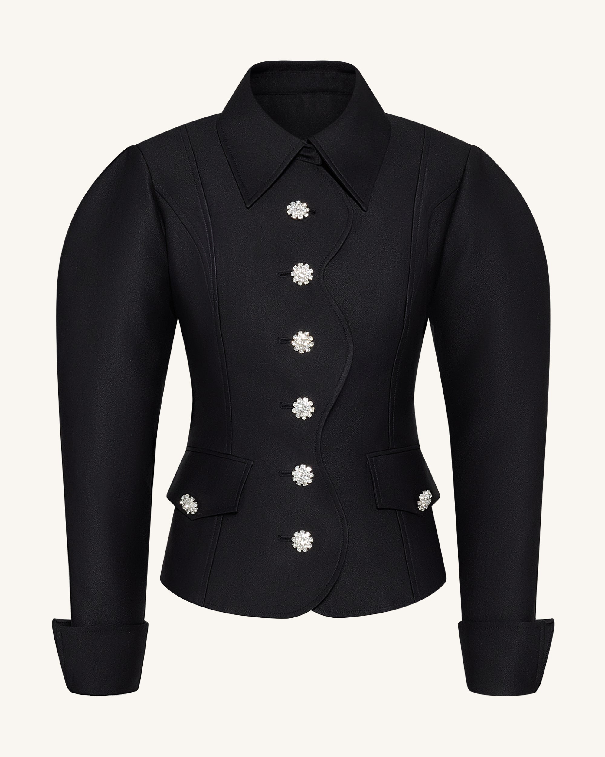 Scalloped Placket Leg of Mutton Blazer - Black - Image 2