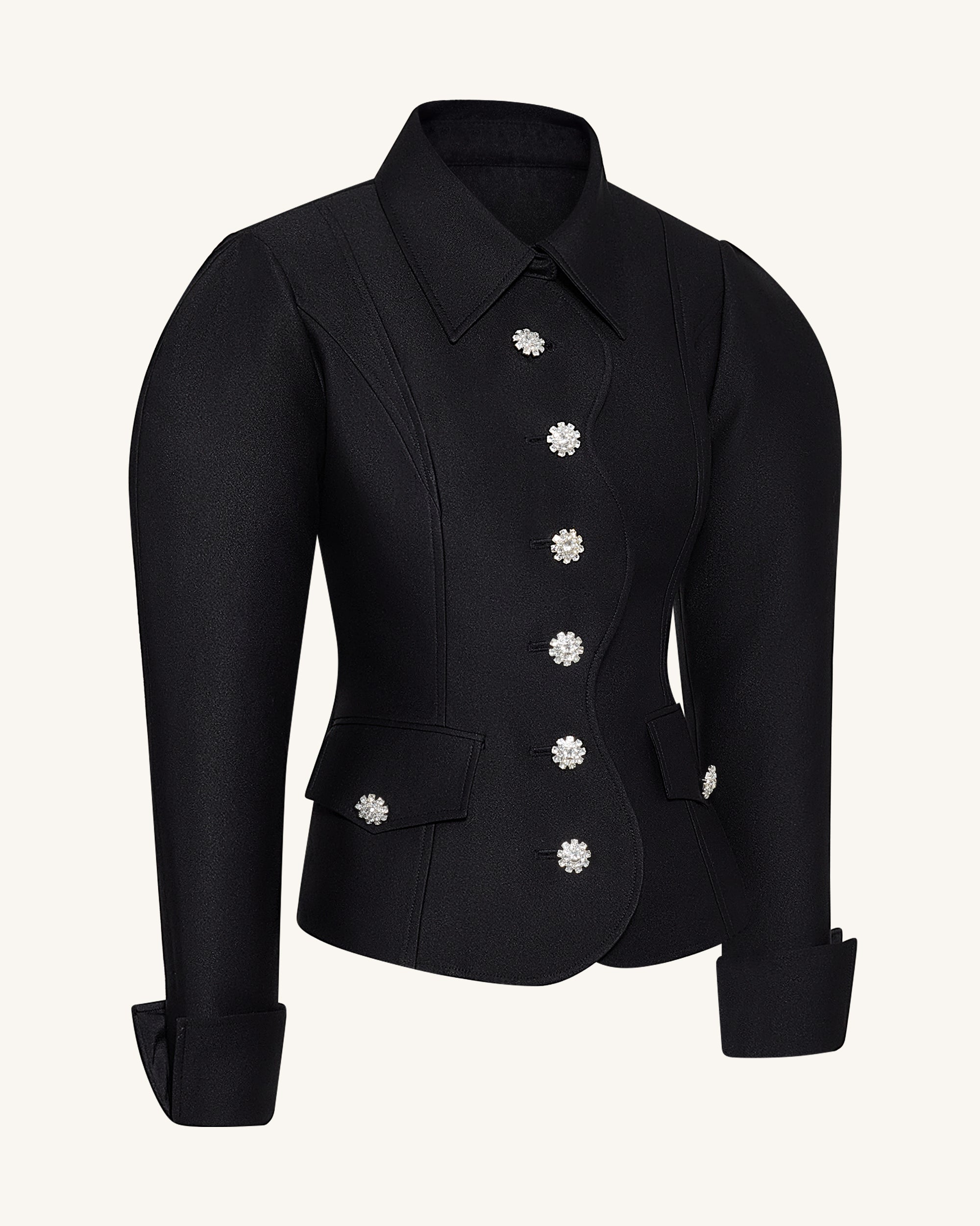 Scalloped Placket Leg of Mutton Blazer - Black - Image 3