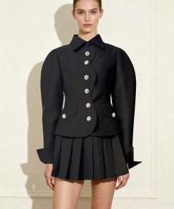 Scalloped Placket Leg of Mutton Blazer - Black