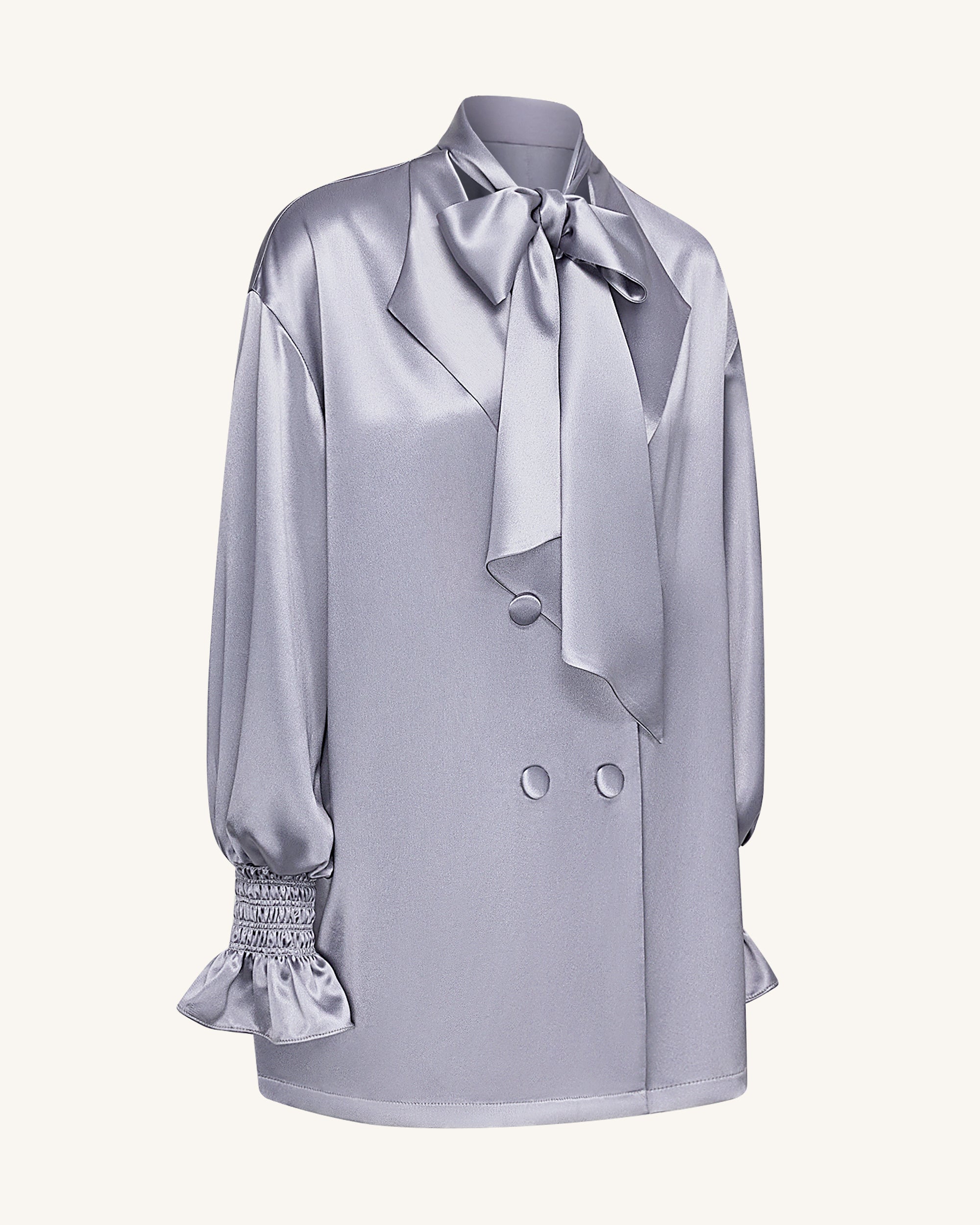 Ribbon Tie Balloon Sleeve Longline Blazer - Silver - Image 3