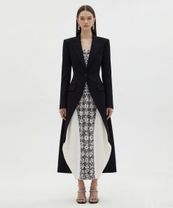 Structured Peak-Lapel Cutaway Maxi Blazer - Black