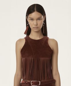 Alternative view of Faux Suede Fringe Halter - Burgundy