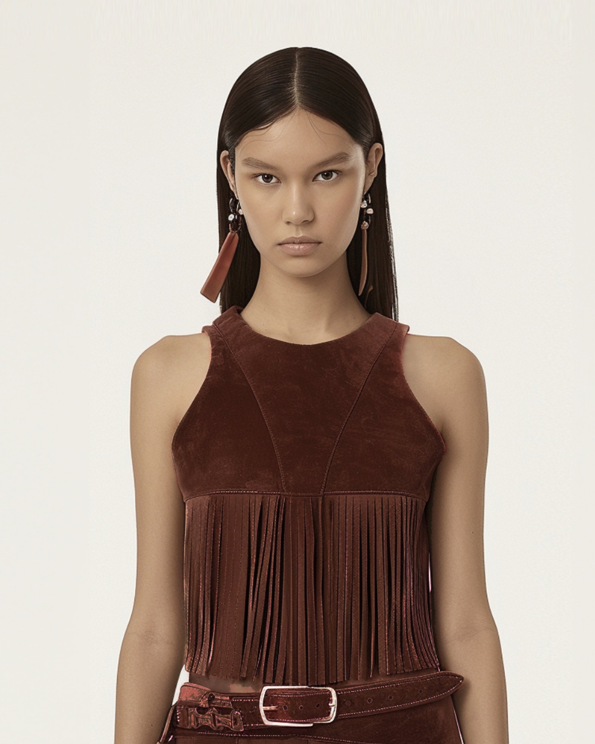 Faux Suede Fringe Halter - Burgundy - Image 2
