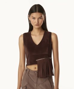 Alternative view of Faux Suede V-Neck Fringe Top - Chocolate Brown