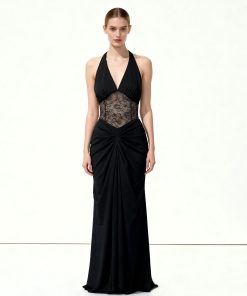 Ruched Lace Panel Maxi Dress - Black