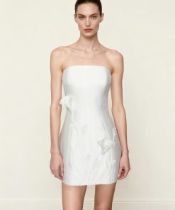 3D Vine Floral Strapless Mini Dress - White