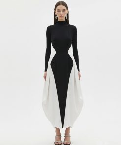 Monochrome Paneled Long-Sleeve Maxi Dress - Black