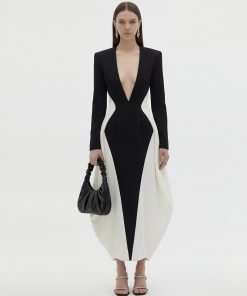 Monochrome Paneled Plunging V-Neck Long-Sleeve Maxi Dress - Black